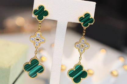 [Liorra]CLOVER EARRINGS GOLD MALACHITE DIAMOND 3 MOTIF