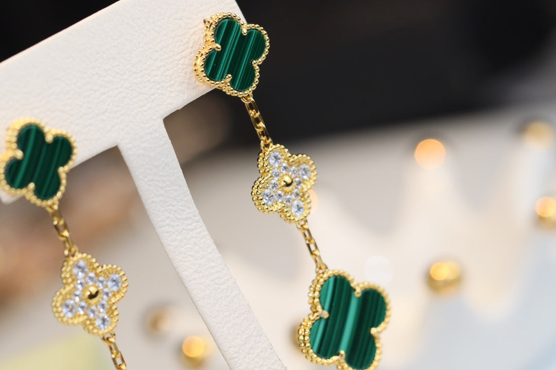 [Liorra]CLOVER EARRINGS GOLD MALACHITE DIAMOND 3 MOTIF