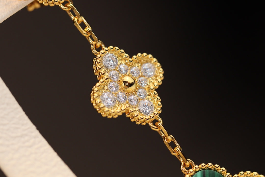 [Liorra]CLOVER EARRINGS GOLD MALACHITE DIAMOND 3 MOTIF