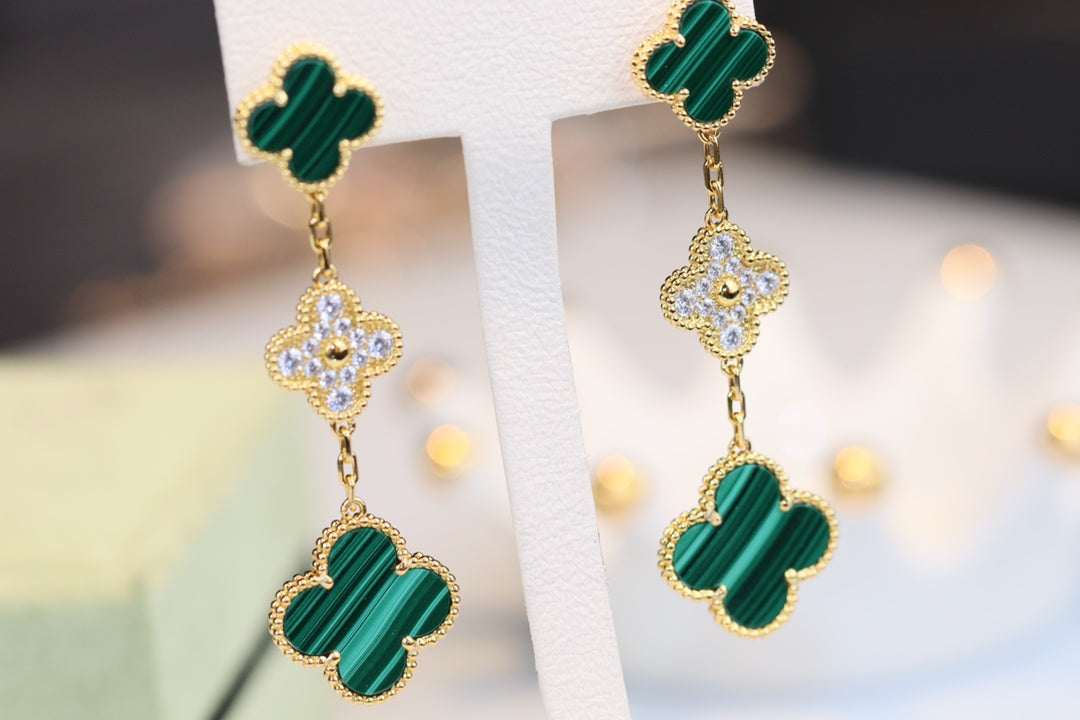[Liorra]CLOVER EARRINGS GOLD MALACHITE DIAMOND 3 MOTIF