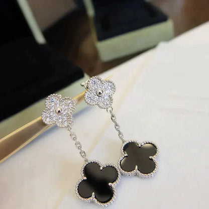 [Liorra]CLOVER 2 MOTIFS  DIAMOND ONYX EARRINGS SILVER