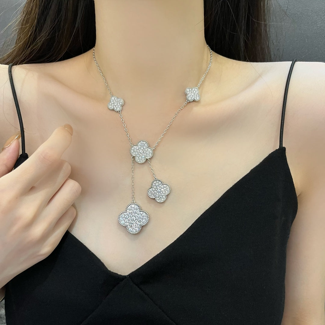 [Liorra]CLOVER 5 MOTIFS SILVER DIAMONDS NECKLACE