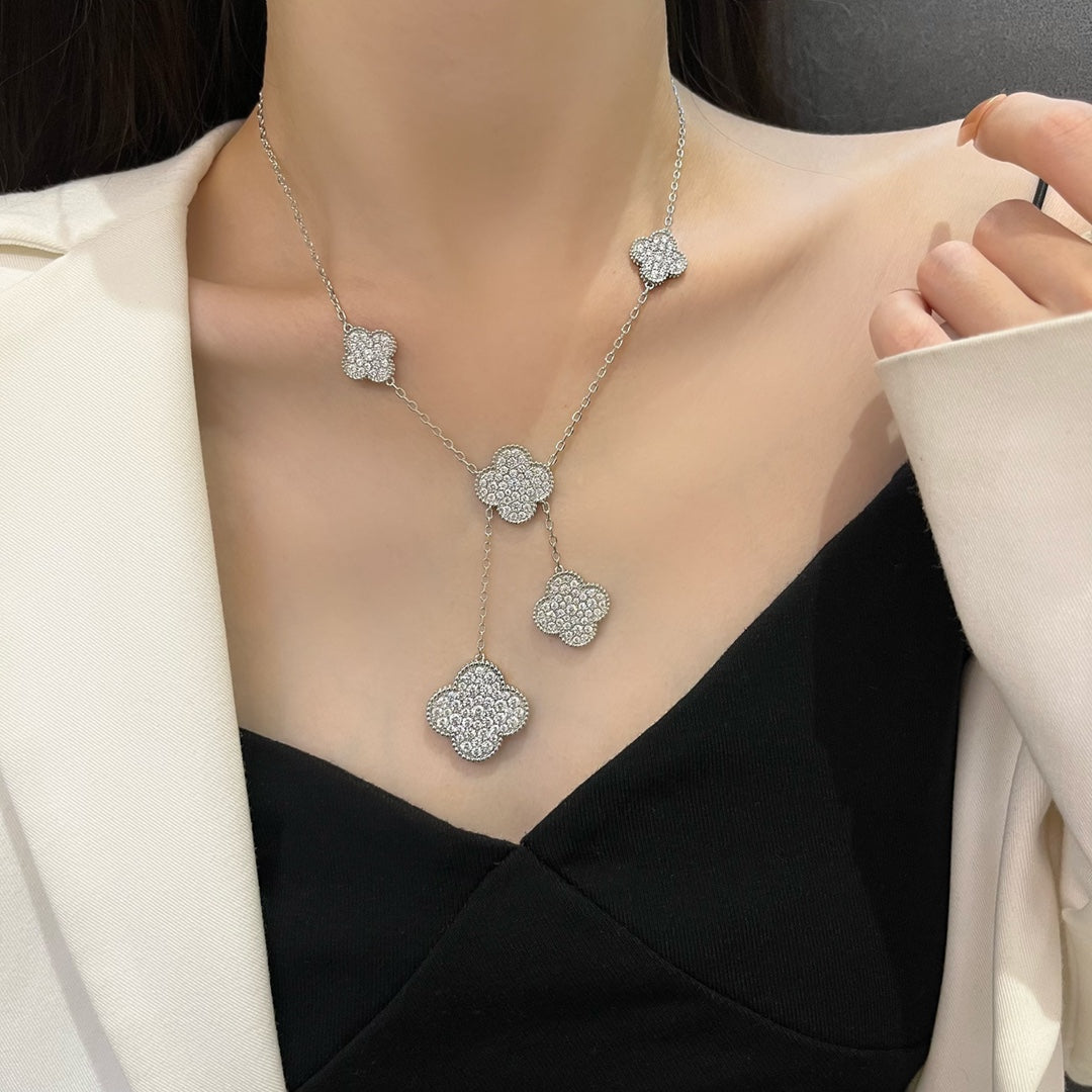 [Liorra]CLOVER 5 MOTIFS SILVER DIAMONDS NECKLACE