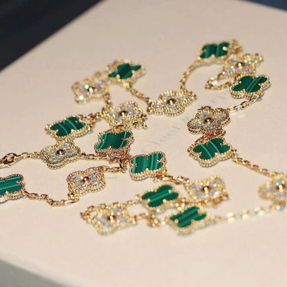 [Liorra]CLOVER 20 MOTIFS MALACHITE DIAMOND NECKLACE