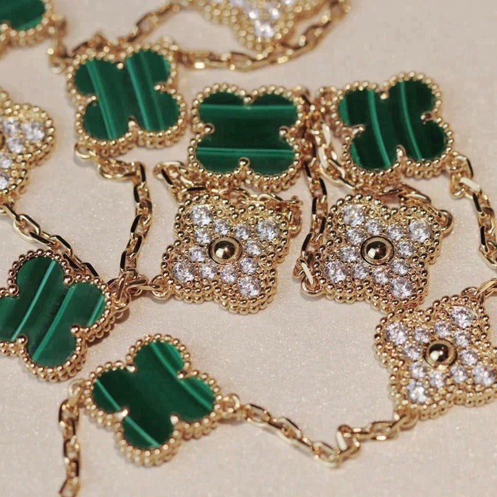 [Liorra]CLOVER 20 MOTIFS MALACHITE DIAMOND NECKLACE
