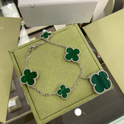 [Liorra]CLOVER 5 MOTIFS SIVLER MALACHITE BRACELET