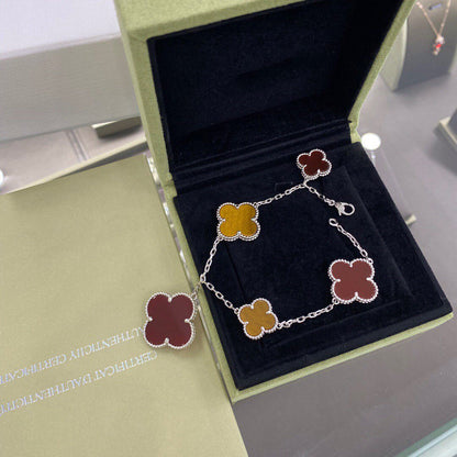 [Liorra]CLOVER 5 MOTIFS SIVLER CARNELIAN TIGER EYE BRACELET
