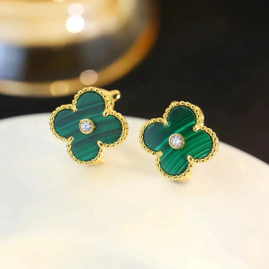 [Liorra]CLOVER MEDIUM 1 MOTIFS MALACHITE DIAMOND EARRINGS