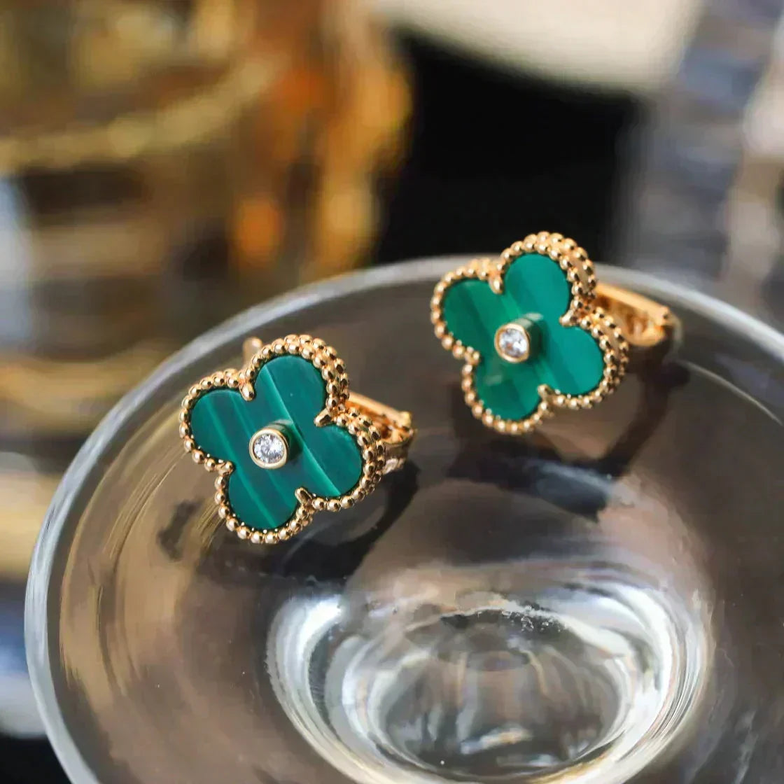 [Liorra]CLOVER MEDIUM 1 MOTIFS MALACHITE DIAMOND EARRINGS