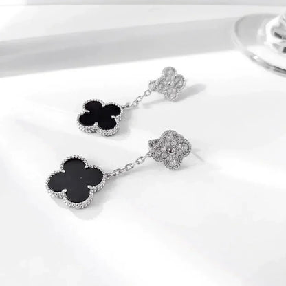 [Liorra]CLOVER 2 MOTIFS  DIAMOND ONYX EARRINGS SILVER