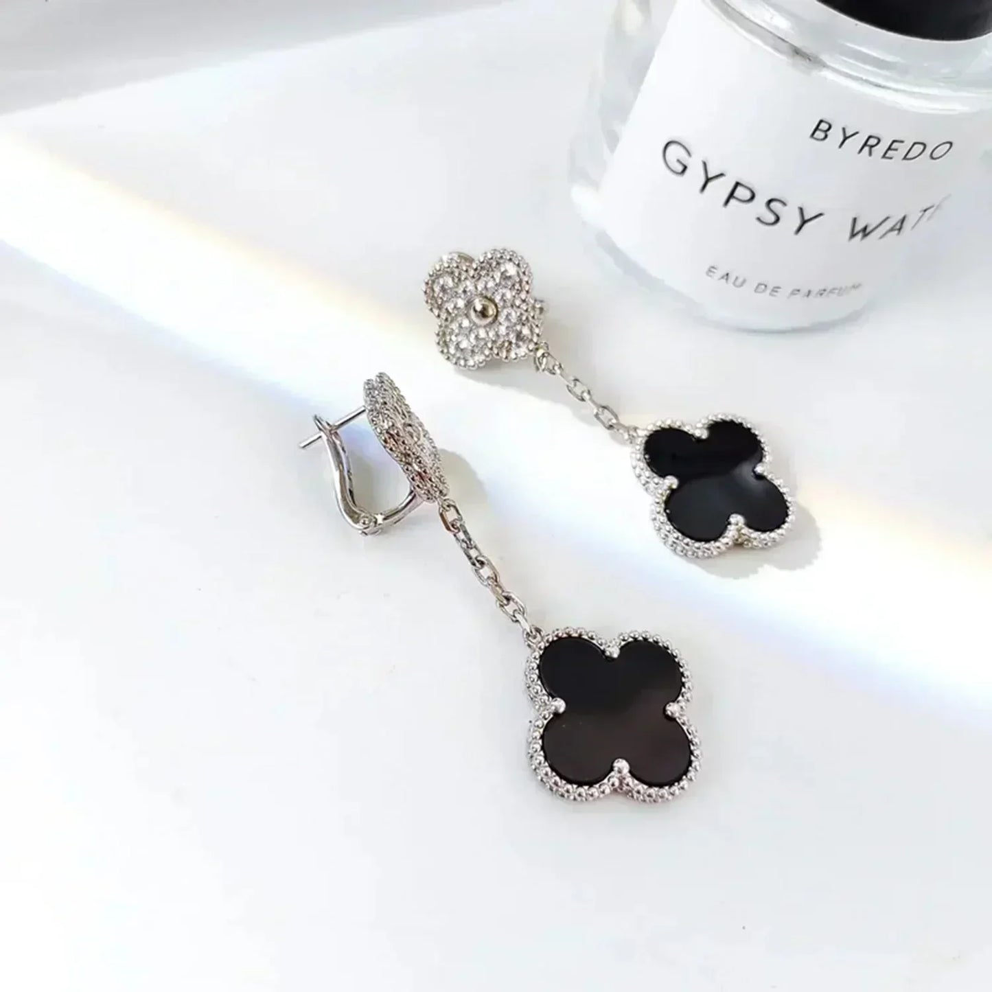 [Liorra]CLOVER 2 MOTIFS  DIAMOND ONYX EARRINGS SILVER