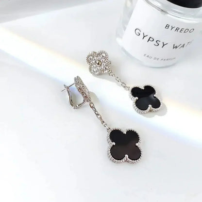 [Liorra]CLOVER 2 MOTIFS  DIAMOND ONYX EARRINGS SILVER
