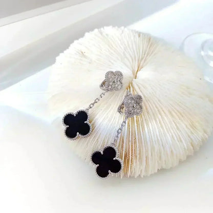 [Liorra]CLOVER 2 MOTIFS  DIAMOND ONYX EARRINGS SILVER