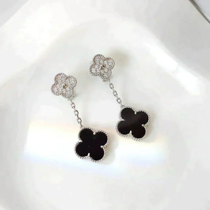 [Liorra]CLOVER 2 MOTIFS  DIAMOND ONYX EARRINGS SILVER