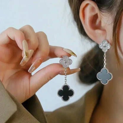 [Liorra]CLOVER 2 MOTIFS  DIAMOND ONYX EARRINGS SILVER