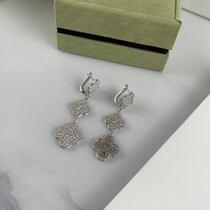 [Liorra]CLOVER 3 MOTIF DIAMOND SILVER DROP EARRINGS