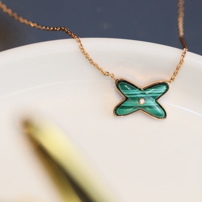 [Liorra]JEUX MALACHITE 1 DIAMOND PINK GOLD NECKLACE