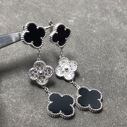 [Liorra]CLOVER 3 MOTIF DIAMOND ONYX SILVER EARRINGS