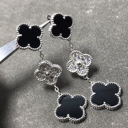 [Liorra]CLOVER 3 MOTIF DIAMOND ONYX SILVER EARRINGS