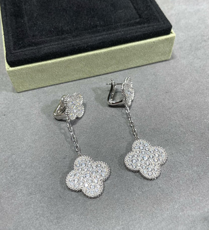 [Liorra]CLOVER 2 MOTIFS DIAMOND PAVED SILVER EARRINGS