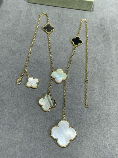 [Liorra]CLOVER 6 MOTIF MOP ONYX GOLD NECKLACE