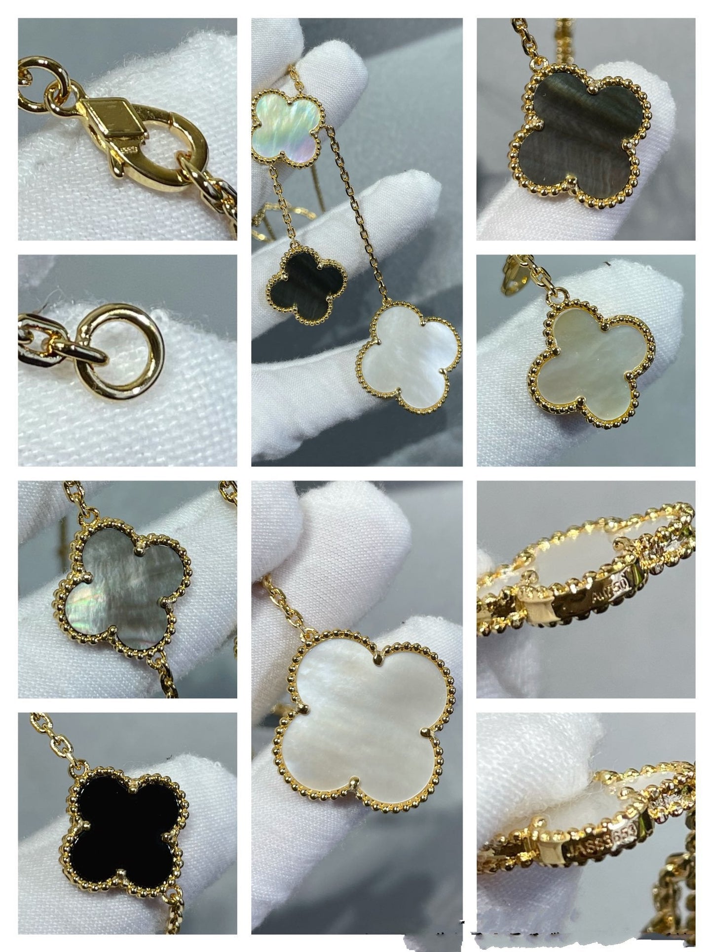 [Liorra]CLOVER 6 MOTIF MOP ONYX GOLD NECKLACE
