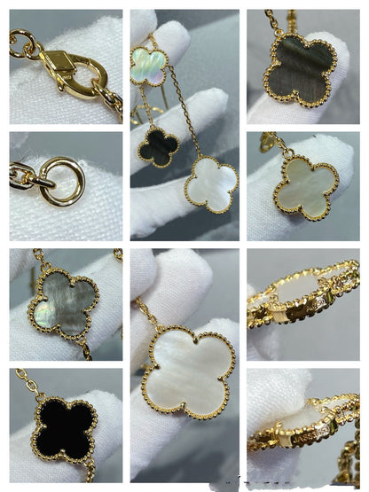 [Liorra]CLOVER 6 MOTIF MOP ONYX GOLD NECKLACE