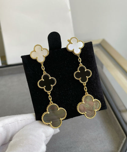 [Liorra]CLOVER 3 MOTIF MOP ONYX DARK MOP PINK GOLD EARRINGS