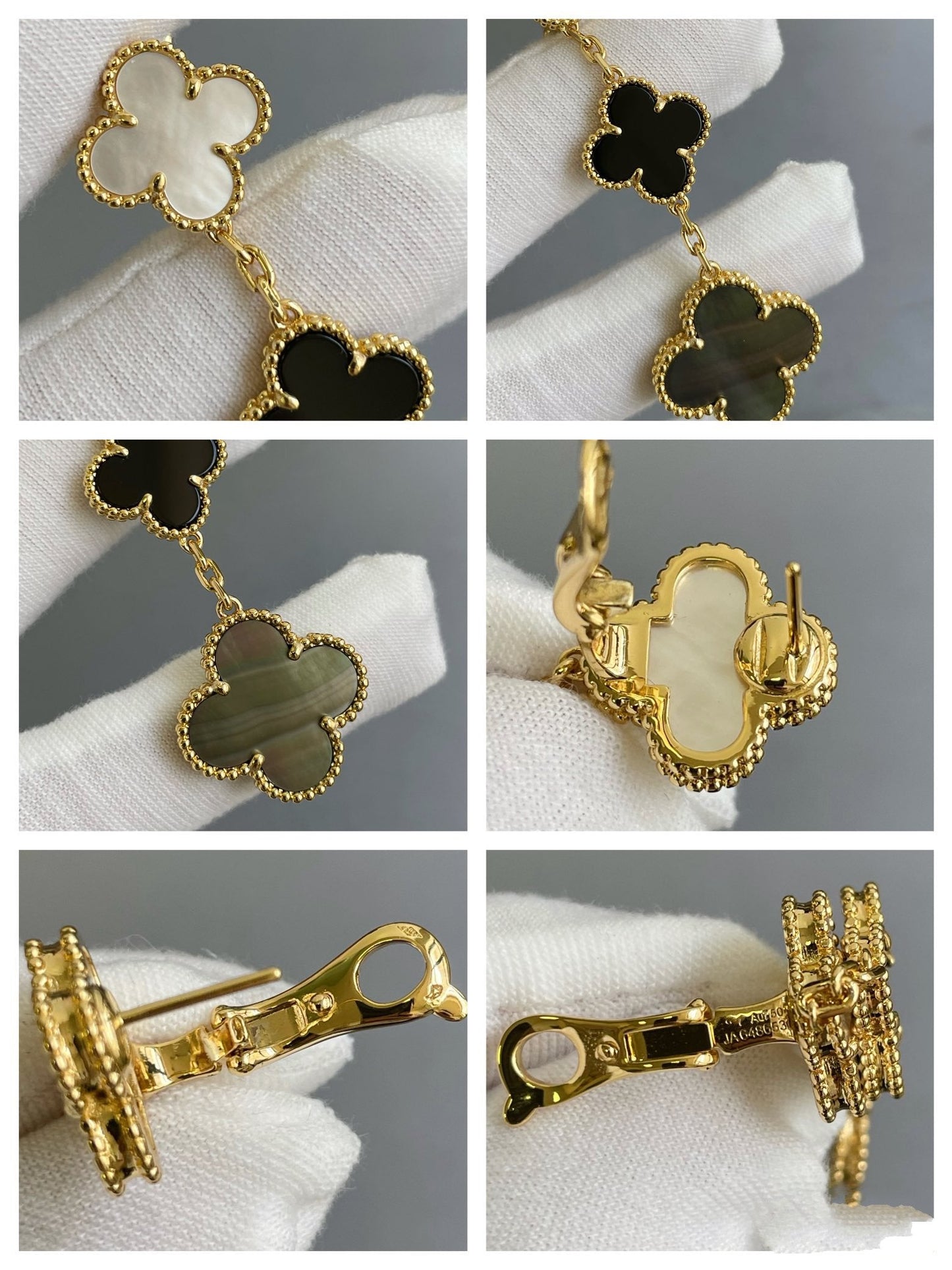 [Liorra]CLOVER 3 MOTIF MOP ONYX DARK MOP PINK GOLD EARRINGS