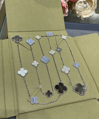 [Liorra]CLOVER 16 MOTIF CHALCEDONY MOP SILVER NECKLACE