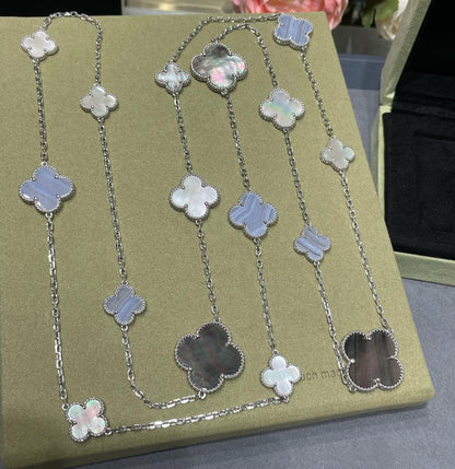 [Liorra]CLOVER 16 MOTIF CHALCEDONY MOP SILVER NECKLACE