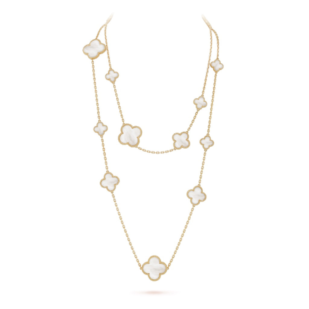 [Liorra]CLOVER 16 MOTIF WHITE MOP GOLD NECKLACE