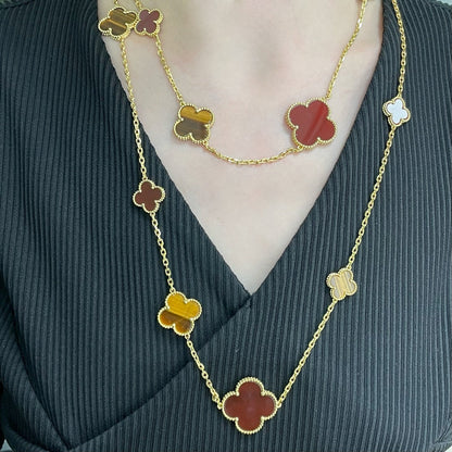 [Liorra]CLOVER 16 MOTIF CARNELIAN TIGER EYE Liorra GOLD NECKLACE
