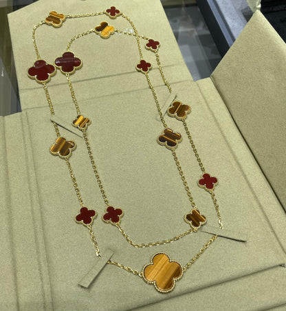[Liorra]CLOVER 16 MOTIF CARNELIAN TIGER EYE Liorra GOLD NECKLACE
