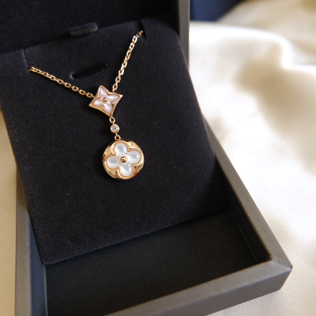 [Liorra]STAR AND SUN WHITE MOP 2 MOTIF PINK GOLD NECKLACE