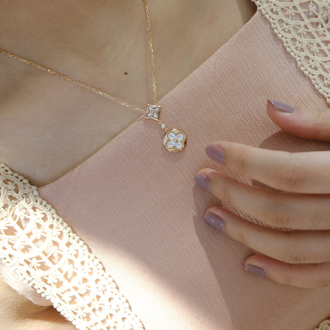 [Liorra]STAR AND SUN WHITE MOP 2 MOTIF PINK GOLD NECKLACE