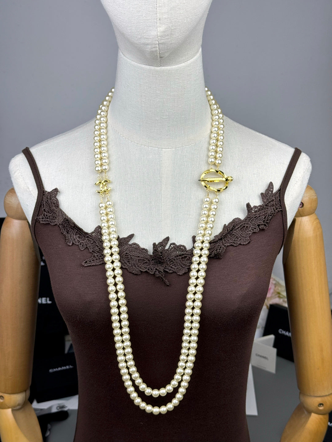 [Liorra]25K Pencil Double C Double-Layer Pearl Sweater Chain