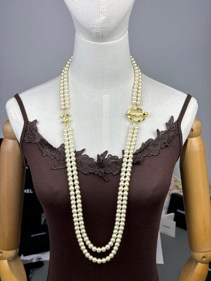 [Liorra]25K Pencil Double C Double-Layer Pearl Sweater Chain