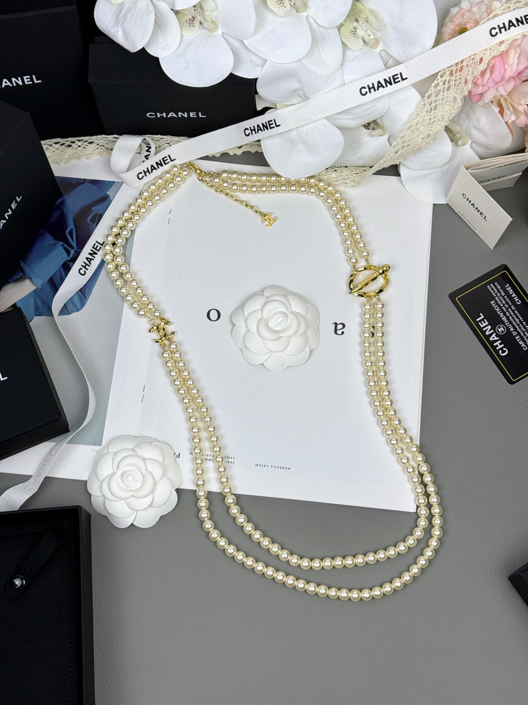 [Liorra]25K Pencil Double C Double-Layer Pearl Sweater Chain