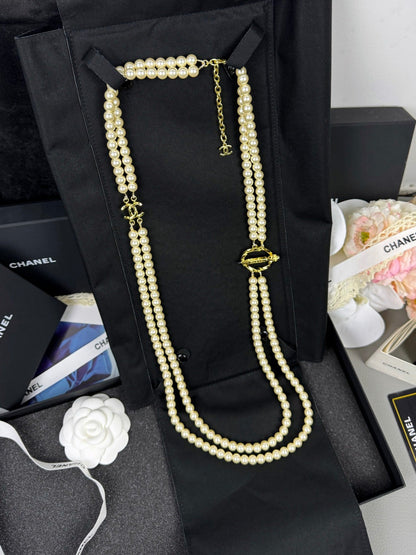 [Liorra]25K Pencil Double C Double-Layer Pearl Sweater Chain