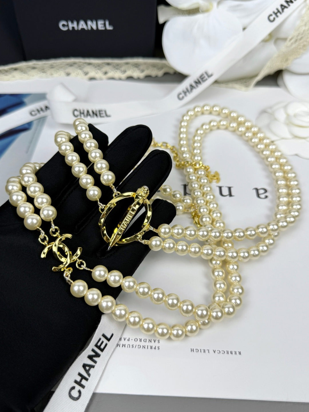 [Liorra]25K Pencil Double C Double-Layer Pearl Sweater Chain