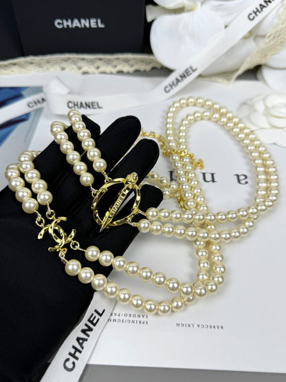 [Liorra]25K Pencil Double C Double-Layer Pearl Sweater Chain