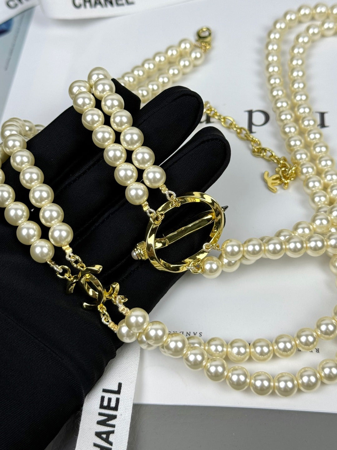 [Liorra]25K Pencil Double C Double-Layer Pearl Sweater Chain
