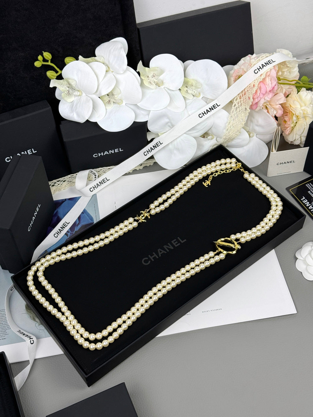 [Liorra]25K Pencil Double C Double-Layer Pearl Sweater Chain
