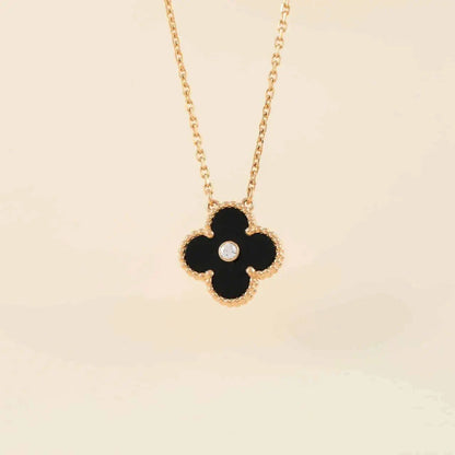 [Liorra]CLOVER 15MM DIAMOND ONYX NECKLACE