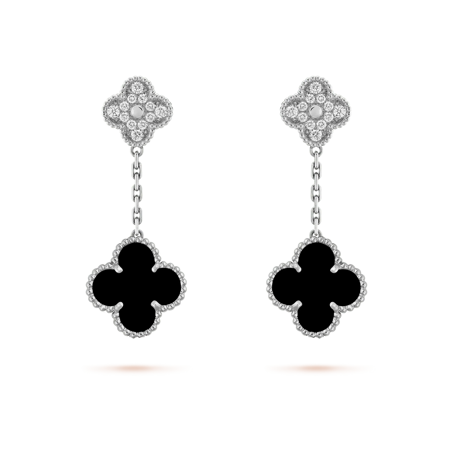 [Liorra]CLOVER 2 MOTIFS  DIAMOND ONYX EARRINGS SILVER