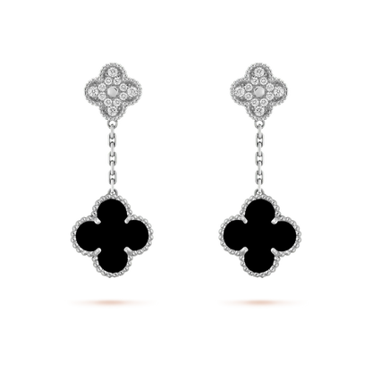 [Liorra]CLOVER 2 MOTIFS  DIAMOND ONYX EARRINGS SILVER