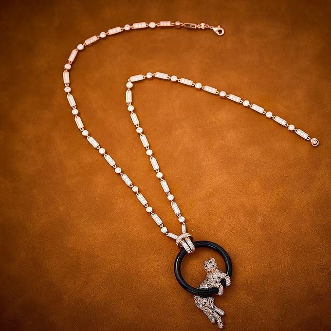 [Liorra jewelrys]NEW BLACK CIRCLE PANTHER FULL DIAMOND NECKLACE