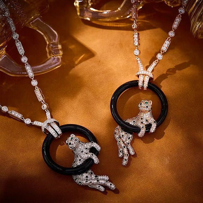 [Liorra jewelrys]NEW BLACK CIRCLE PANTHER FULL DIAMOND NECKLACE