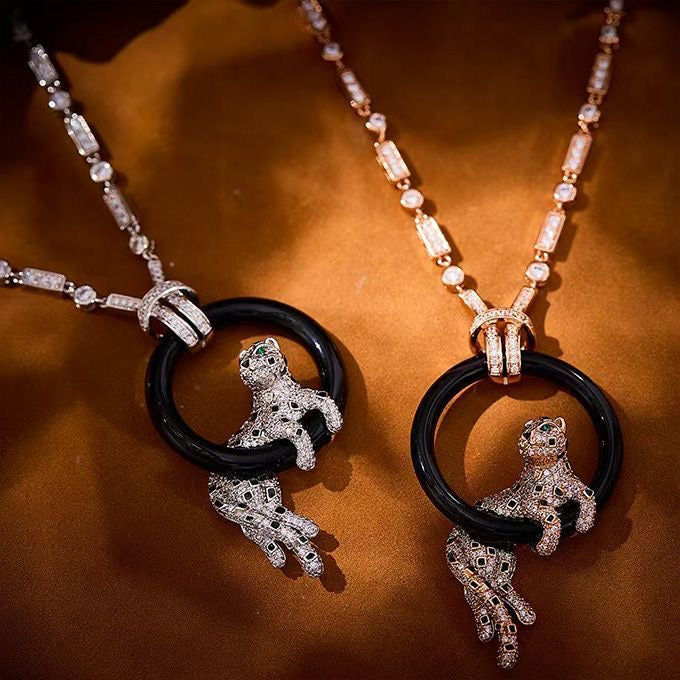 [Liorra jewelrys]NEW BLACK CIRCLE PANTHER FULL DIAMOND NECKLACE